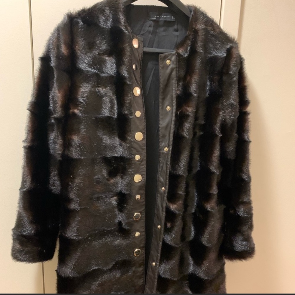 Zara Faux Black Brown Fur Coat w Leather Trim SzL